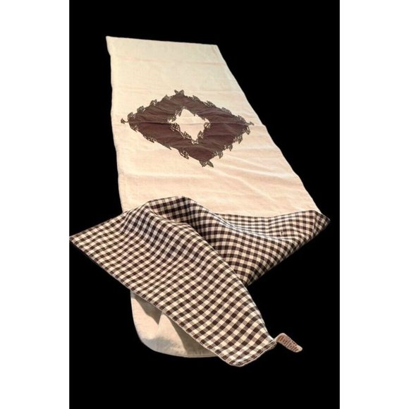 Embroidered Cotton Linen Blend Table Runner  'Ponderosa' Brown Gingham 2 Sided - Picture 1 of 8